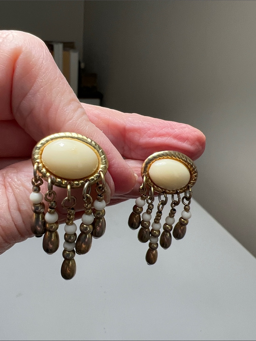 Unique Gold-Tone Cream Oval Chandelier Drop Earrings Beaded Fringe - Vintage